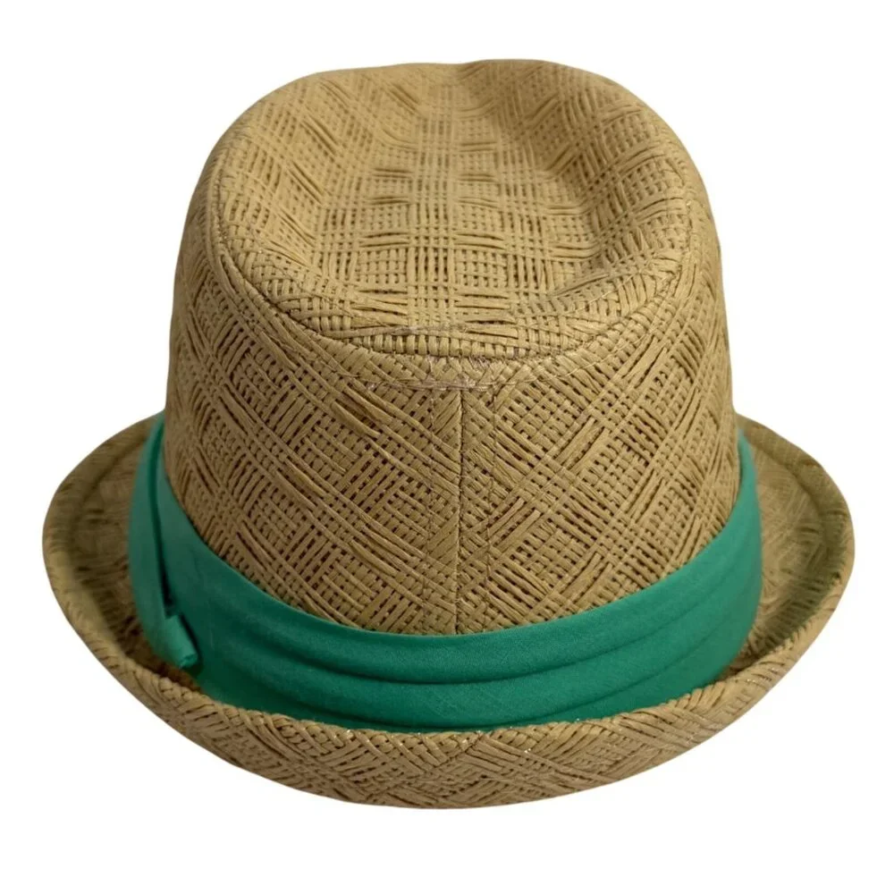 C.C Exclusives Woven Straw Fedora Hat Green Band S/M Lightweight Summer EUC